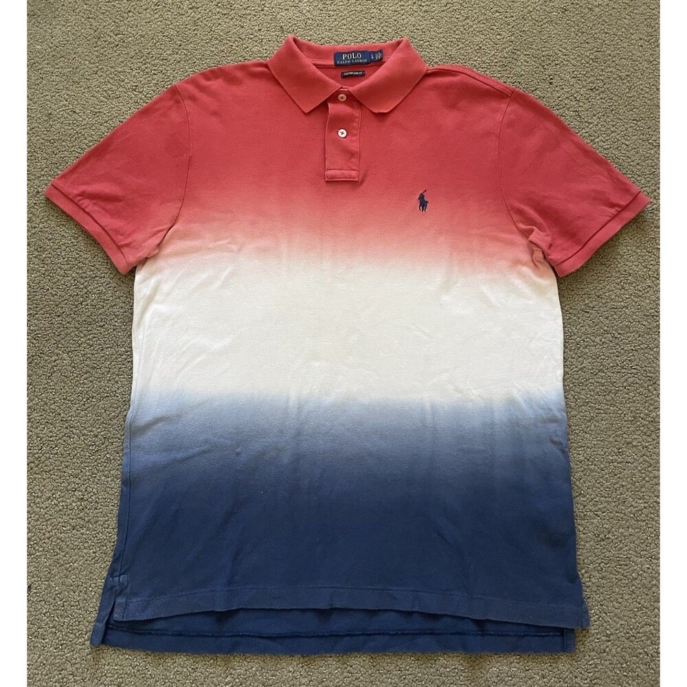 Polo Ralph Lauren Polo Mens L Dip Dye Ombré Mesh Custom Slim Red White Blue USA